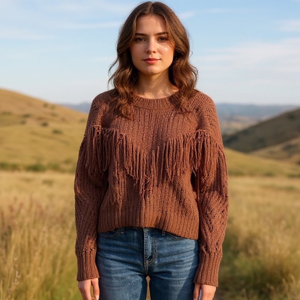 No Boundaries Brown Fringe Sweater